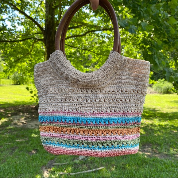 Handbags - Multicolor Crochet Mini Tote Bag w. Pink/Blue/Green/Orange Stripes